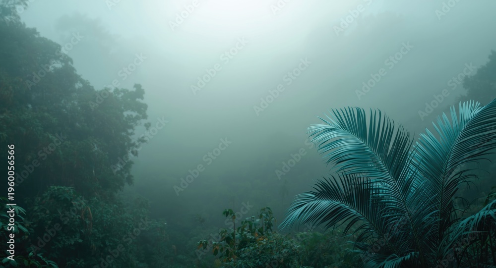 Obraz premium Misty rainforest atmosphere highlighting tropical palm fronds in soothing blue with copy space
