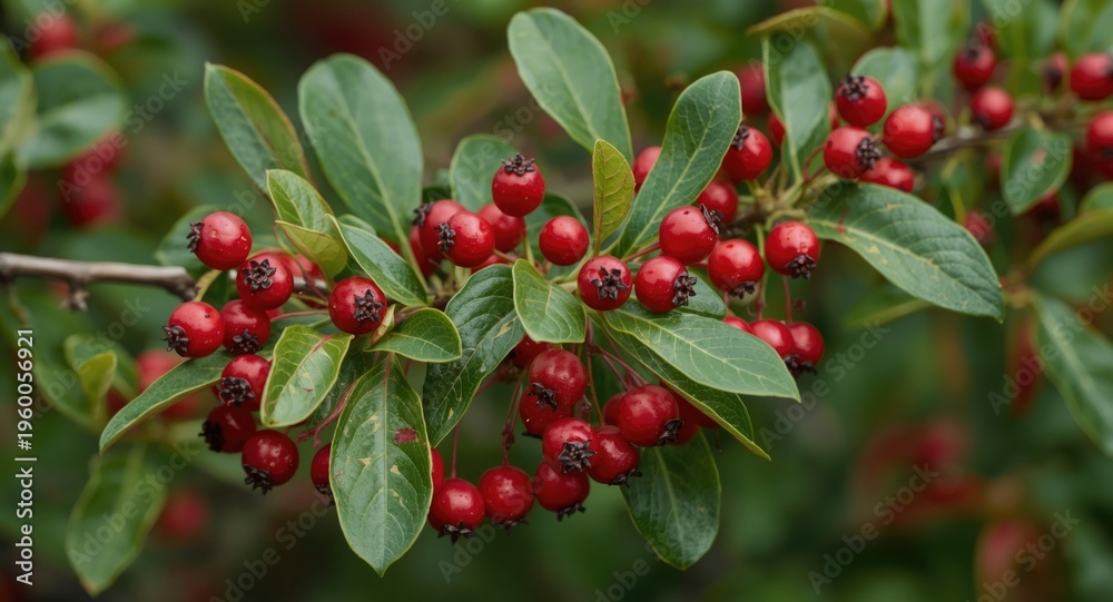 Obraz premium Garden close-up showing ripe red berries on vivid green hawthorn branches
