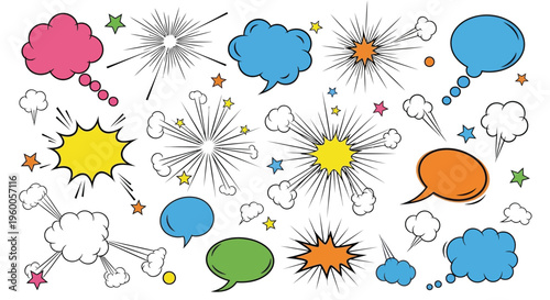 Colorful comic speech bubbles and explosion effects on a white background for creative projects and presentations
