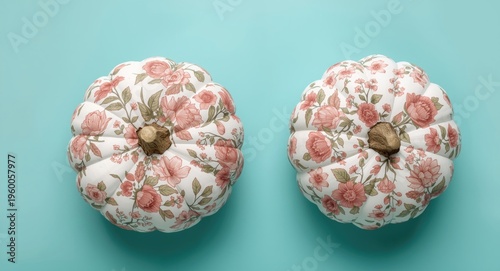 Pumpkin covered with delicate floral patterns on a bright turquoise surface