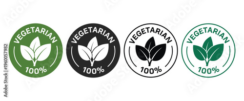 100 Percent Vegetarian Certification Product Labels with Green Leaf Icons for Organic Food Packaging and Plant Based Dietary Branding Design