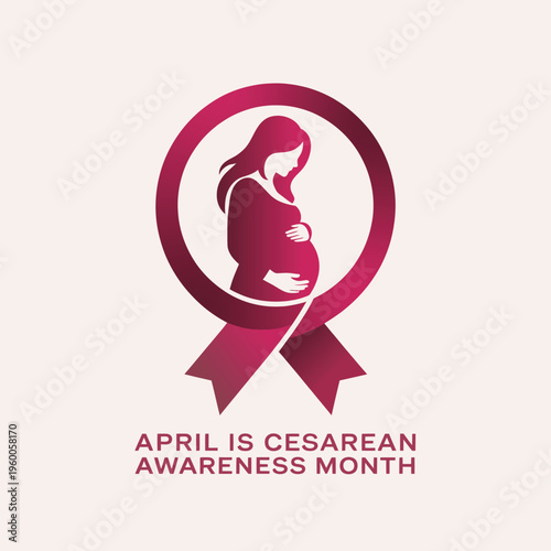 Cesarean Awareness Month April Graphic Featuring Pregnant Woman Silhouette in Red Ribbon Circle for Maternal Health and Birthing Education