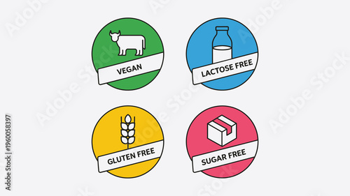 Set of Four Dietary Restriction Icons for Vegan, Lactose Free, Gluten Free, and Sugar Free Food Labels, Product Packaging Design Elements