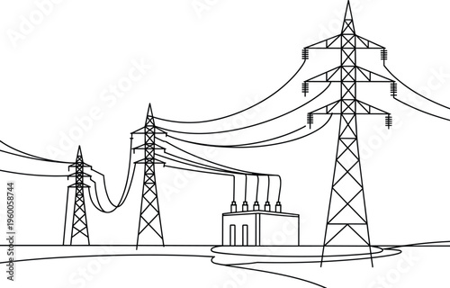High Voltage Power Lines, Electricity Transmission Towers, Energy Infrastructure, Power Grid, Electrical Substation, Industrial Landscape