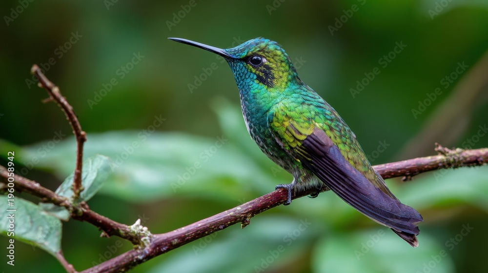 Fototapeta premium Green hummingbird perched on thin branch in forest setting