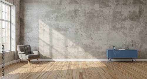 Photo editing friendly three dimensional room with furniture and grunge wall backdrop