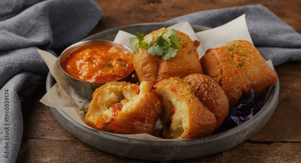 Fototapeta premium Cheese stuffed potato vada pav served hot with spicy chutney