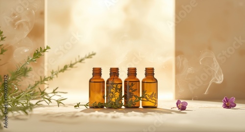 Herbal thyme oil bottles creating calming aromatherapy banner