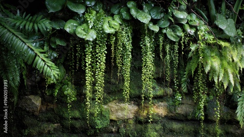 Lush vertical garden of succulents, ivy and epiphytic plants after rain