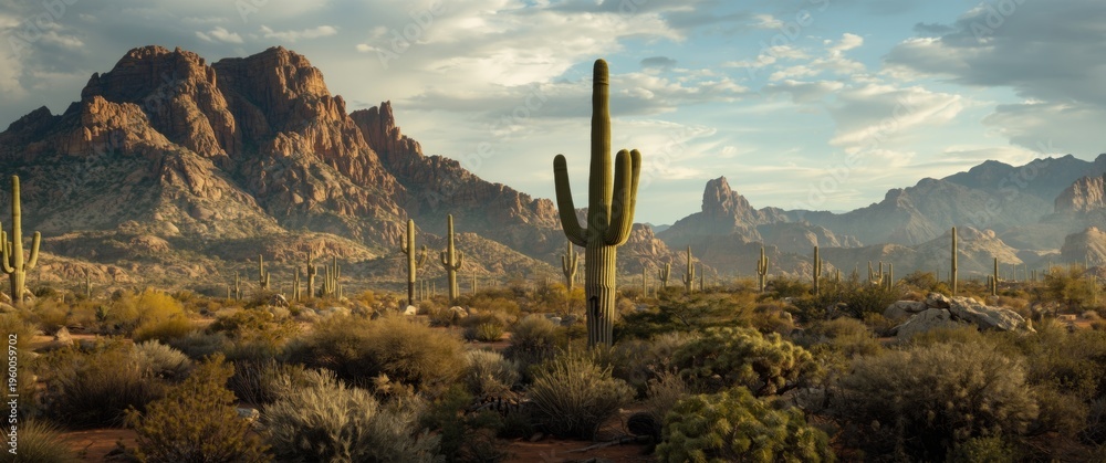 Obraz premium Illustration of rugged desert terrain with large Saguaro cacti and strong light contrasts