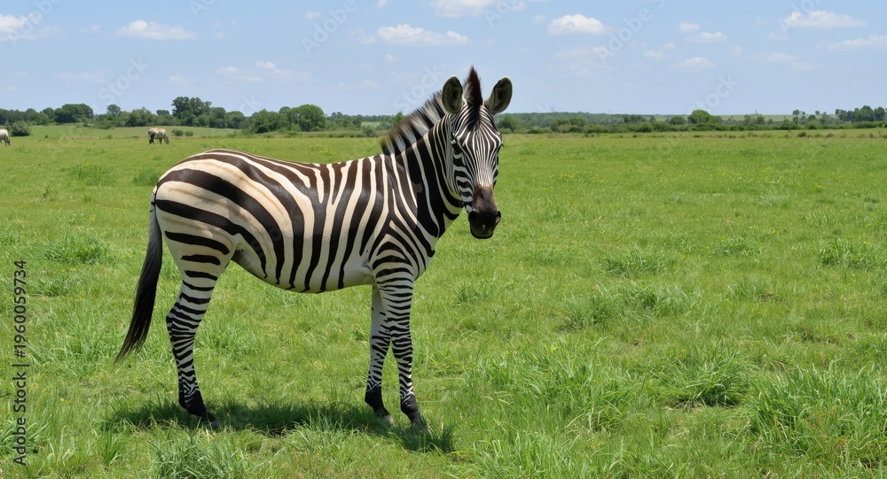 Obraz premium Mild zebra standing calmly on a wide verdant summer lawn under clear sky