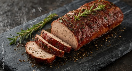 Moist pork loin finely sliced with fresh herbs on a textured dark stone slab exhibiting vibrant glaze and aromatic seasoning