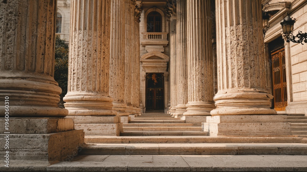 Obraz premium Stone column colonnade with ornate capitals and broad steps on a timeless facade