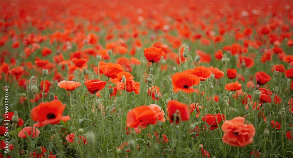 Fototapeta premium A large area bursting with striking red poppies in bloom