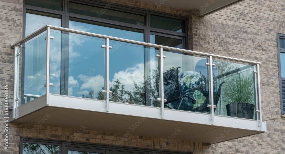 Fototapeta premium Safety prioritized balcony with clear glass and steel railings reflecting Earth Day themes