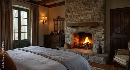 authentic bedroom interior featuring a flickering fire in an open stone fireplace