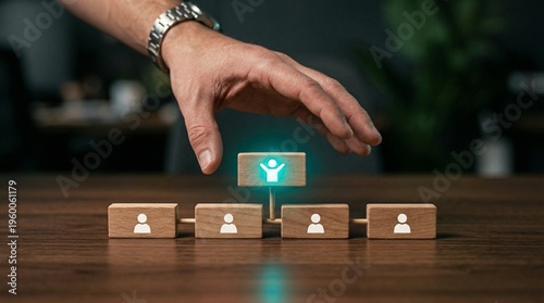 A hand placing icon above employees, teamwork