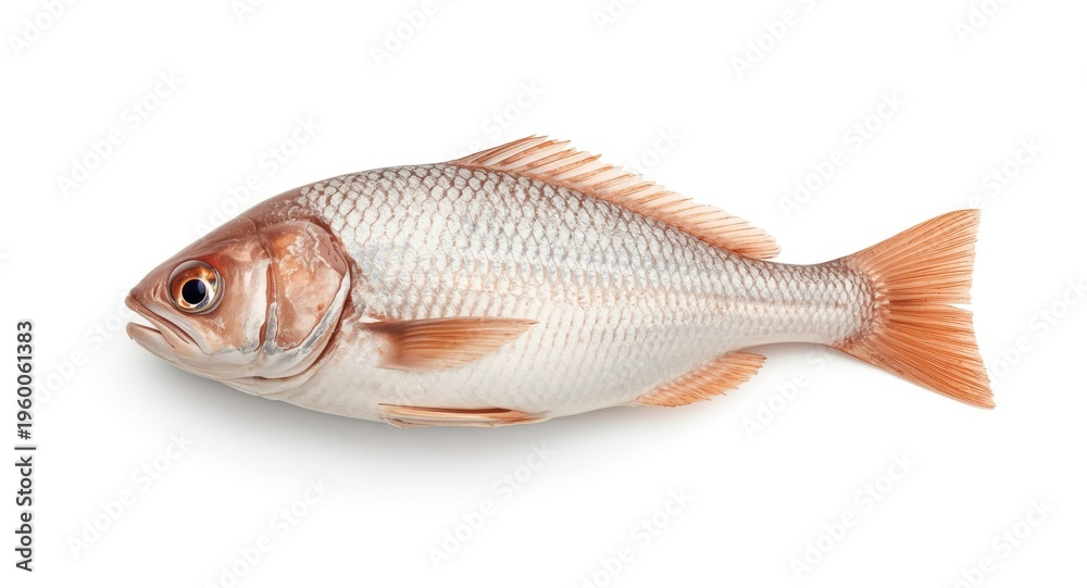 Fototapeta premium Pomfret fish alone set on a smooth white canvas