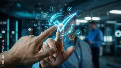 Hands interacting with a futuristic, digital check icon, symbolizing approval and verification
