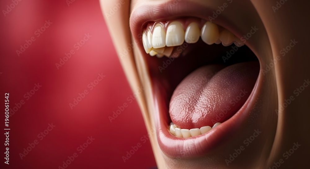 Naklejka premium A close-up of a person's open mouth with tongue out against a red background American usa soccer fan in Dramatic multi-sensory texture in 2026 soccer world championship.