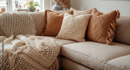 Inviting living room corner couch layered with white crochet blanket and decorative macrame pillows