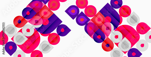 Abstract geometric pattern. Overlapping circles, squares create vibrant, modern design. Pink, purple hues dominate white background.