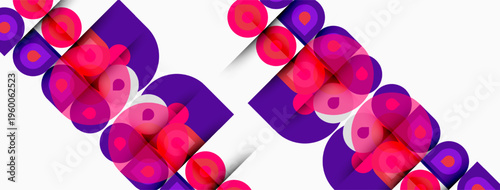 Abstract pattern features repeating purple, pink elements. Circles, squares create dynamic visual rhythm. Modern design.