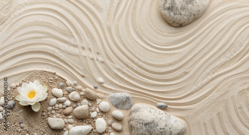 Peaceful Zen garden featuring flowing sand patterns and white lotus blossoms with smooth pebbles in minimalist soft beige design
