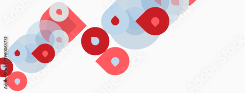 Abstract design features overlapping red, light blue circles. Minimalist composition, clean lines, modern aesthetic. Simple shapes create visual interest.