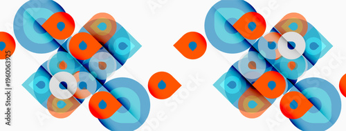 Abstract geometric pattern. Overlapping circles, squares create colorful design. Light background enhances shapes, forms repeating motif.
