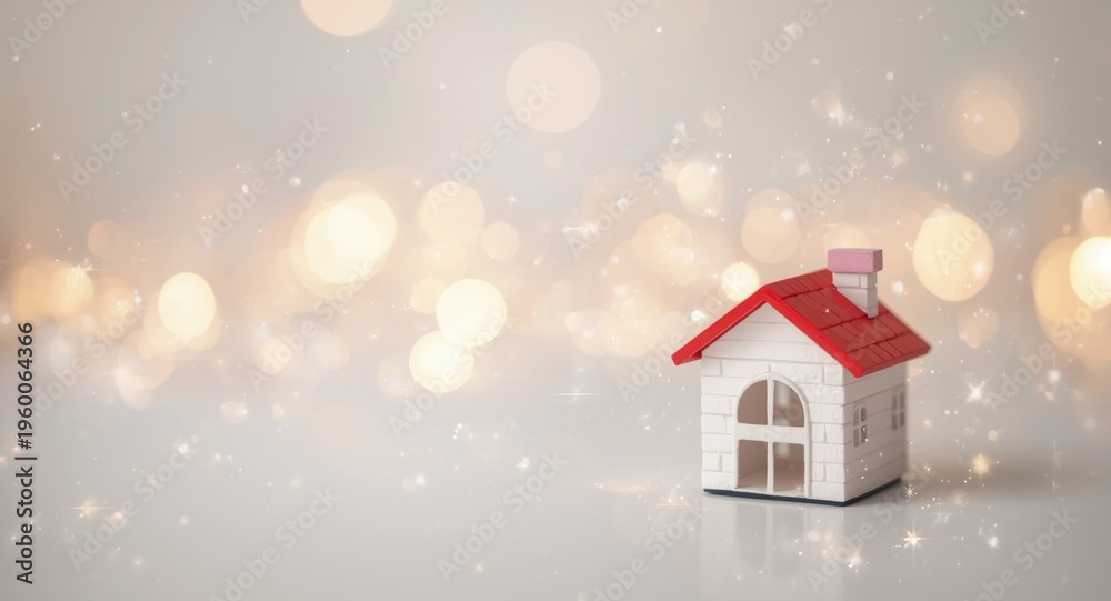 Fototapeta premium Romantic themed Valentines card presenting white toy house with red roof and sparkly bokeh lights