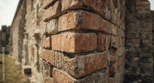 Rough cracked bricks on a historic stone fortress wall from the eighteenth century in close-up