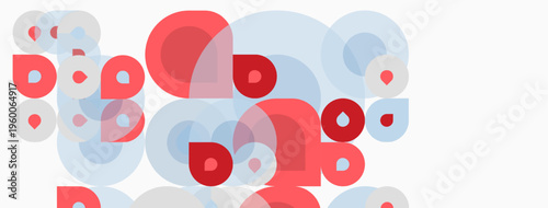 Abstract composition featuring overlapping circles. Red, pale blue hues create dynamic visual texture. Simple shapes suggest movement, depth.