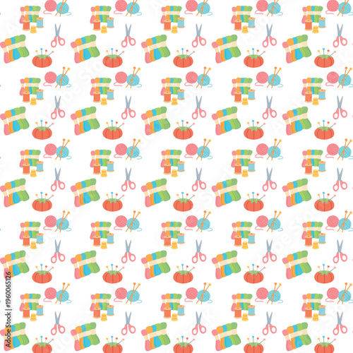 A seamless flat vector pattern features colorful knitting and sewing items like yarn balls, needles, scissors, threads, and pincushions arranged on a light background.