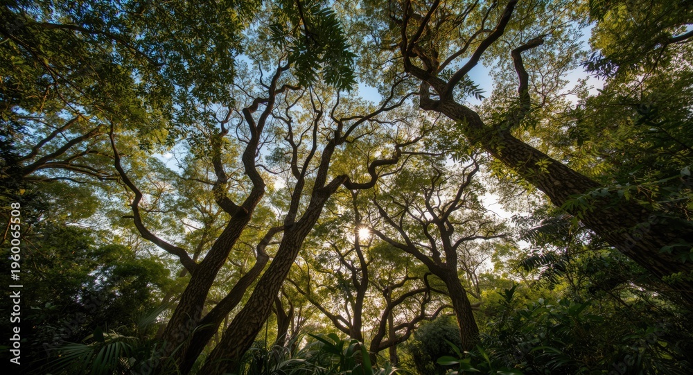 Fototapeta premium Perspective From Ground Level Of Green Jungle Trees And Sky