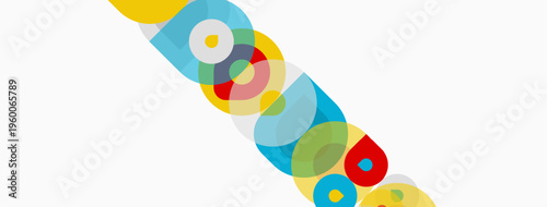 Abstract colorful overlapping circles, diagonal composition. Bright hues create dynamic visual impact, simple shapes dominate design.