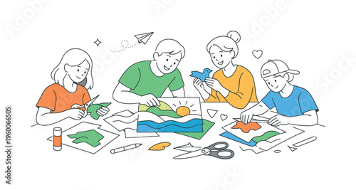 A creative art and craft scenario where individuals design compositions using layered paper pieces to form expressive visuals in a hands-on environment, visualized through a small