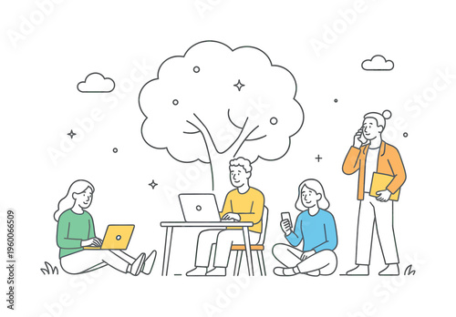 A group of professionals performing remote work tasks in a natural outdoor environment, combining productivity with fresh air and flexible lifestyle, represented by a laptop placed