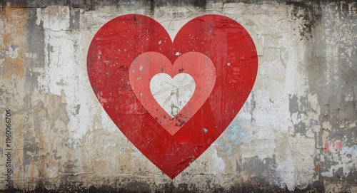 Abstract vintage heart mural in red and white on textured wall