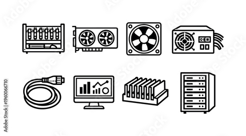 Blockchain mining hardware: mining rig frame, gpu card, cooling fan, power supply unit, ethernet cable, mining dashboard screen, heat sink, server rack