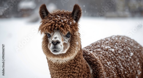 Glum alpaca wrapped in heavy fleece during snowy weather