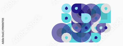 Abstract composition featuring overlapping circles, squares. Shades include blues, purples, whites creating dynamic visual texture.