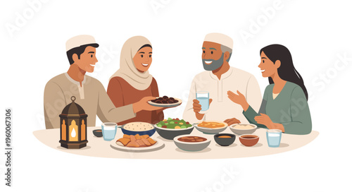 Ramadan community and togetherness concept illustrating people gathering to share an evening meal after fasting in a warm and respectful atmosphere, with a minimal scene of