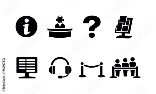 Information desk services: information symbol, help desk counter, receptionist, question mark, brochure stand, directory board, headset support, queue line