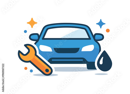 Car maintenance check influenced by practical driving habits and routine vehicle care traditions, a car front silhouette paired with a wrench and a small oil drop element