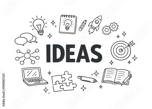 Creative brainstorming and idea generation concept centered on innovation, problem solving, and developing new concepts in a collaborative environment. IDEAS title with