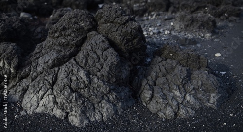 Close up detail of volcanic basalt formations on a black sand shore
