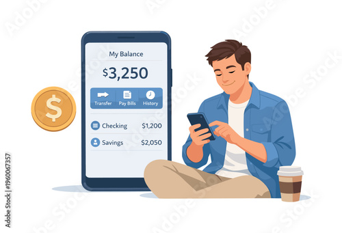 A mobile banking convenience and everyday financial control concept featuring a satisfied user managing funds beside a simple smartphone banking screen and a minimal coin symbol