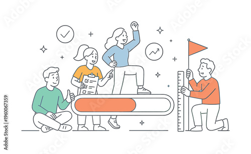 A personal goal tracking and self improvement journey scene showing individuals setting milestones and measuring progress together around a large progress bar and a simple flag
