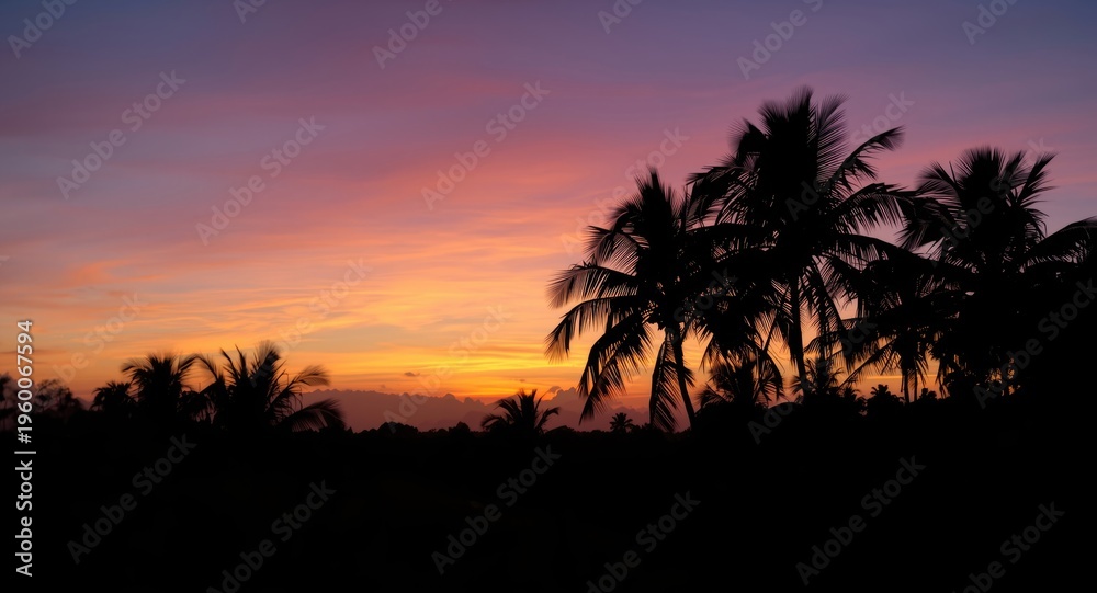 Obraz premium Silhouetted palm trees at sunset with atmospheric bokeh and natural environment